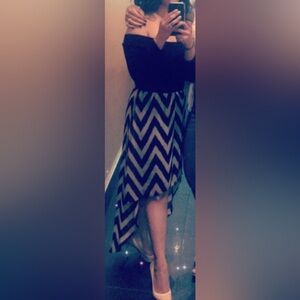 Chic Chevron Long Sleeve High/Low Dress in Black and Tan